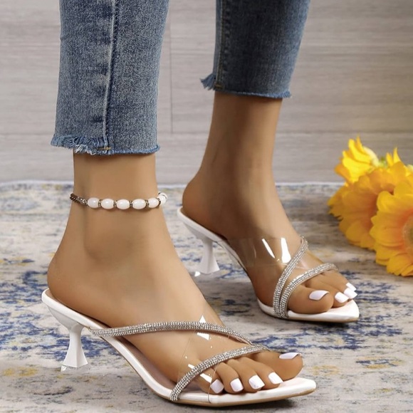 JUEBONG • Clear Pointed Transparent Strappy Slip on Mules Shoes Heels - Picture 3 of 7